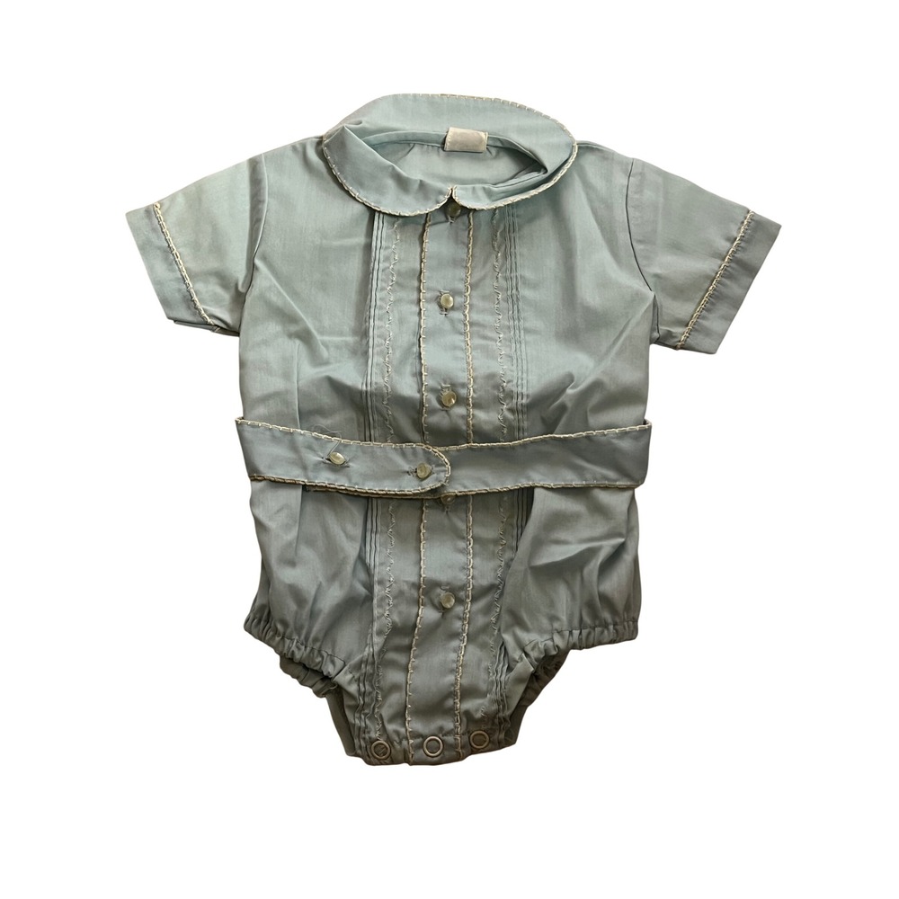 Vintage Toddle Tyke Seafoam Blue Romper Peter Pan Collar Embroidery 18-24 Months